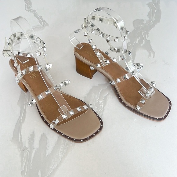 CloudAir Silver Studded Clear Strappy Block Heel Comfort Sandal Womens Sz 7.5 - Picture 2 of 14